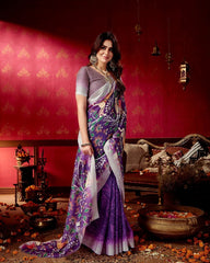 Purple Paradise Cat Print Linen Saree | Designer Saree