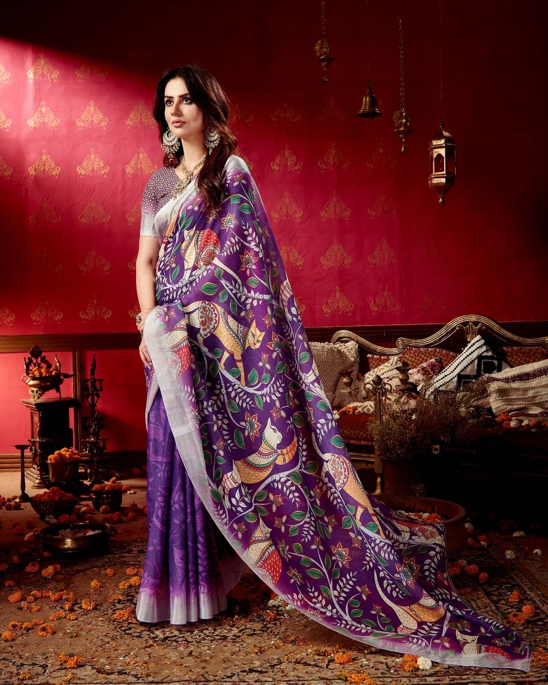 Purple Paradise Cat Print Linen Saree | Designer Saree