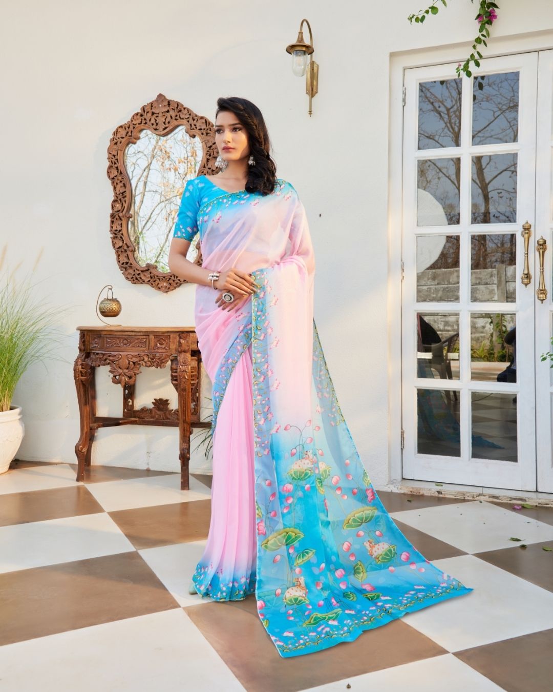 Taal Pichwai Flat Silk Saree | Floral Print Saree