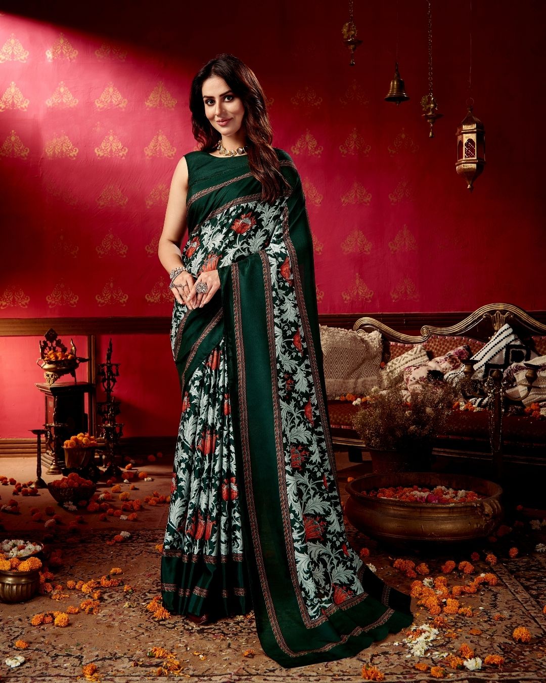 Forest Green Floral Tussar Cotton Saree