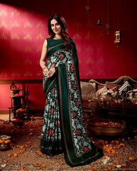 Forest Green Floral Tussar Cotton Saree