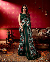 Forest Green Floral Tussar Cotton Saree