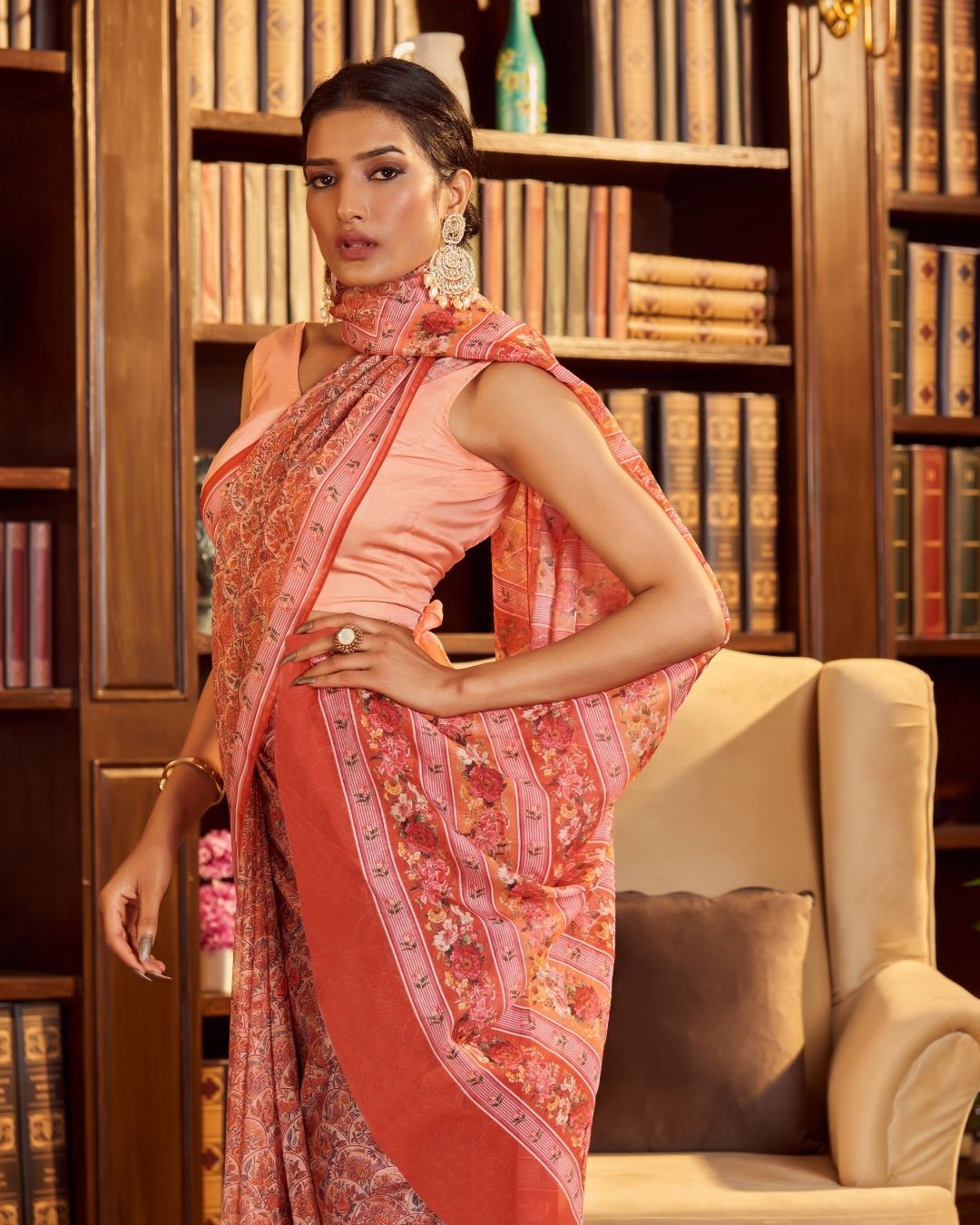 Salmon Peach Printed Kalamkari Silk Saree SARV159899