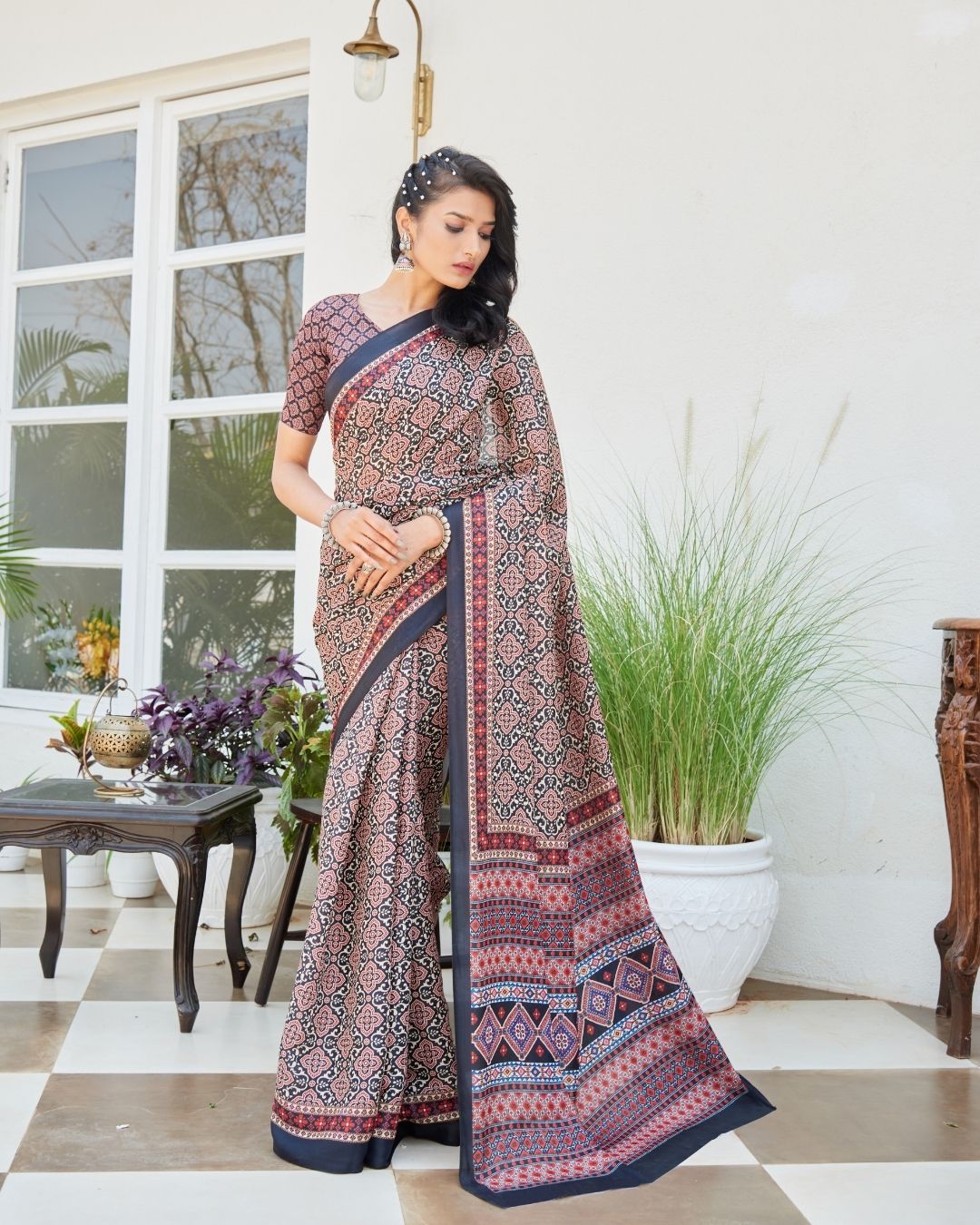 Masakali Ajrakh Chanderi Satin Saree