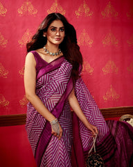 Magenta Chevron Print Flat Silk Saree