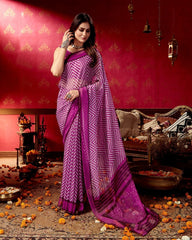 Magenta Chevron Print Flat Silk Saree