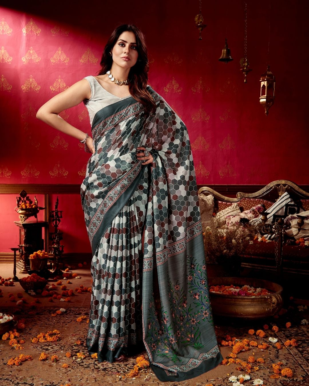 Honeycomb Orchid Tussar Cotton Printed Saree